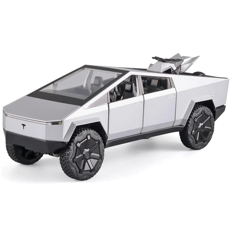 New Kids Cars 1:24 Big Tesla Cyber Truck Model Alloy Diecast Metal Alloy Car Openable Doors Pull Back Vehicle Toy with Sound and Light Car for Boys (Silver)