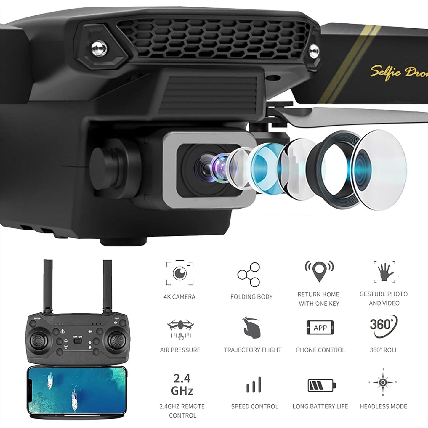 Drone with 4K Camera HD WiFi FPV RC Quadcopter Single Lens OneKey Return FPV Live Transmission, Long Flight Time, Mobile Phone Control, Altitude Hold, Headless Mode, Remote Control