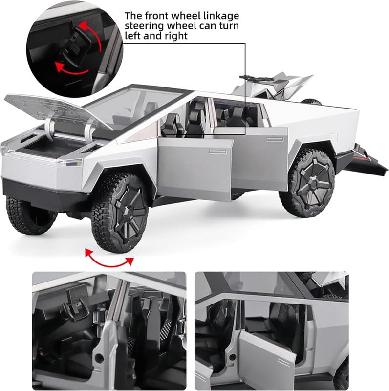 New Kids Cars 1:24 Big Tesla Cyber Truck Model Alloy Diecast Metal Alloy Car Openable Doors Pull Back Vehicle Toy with Sound and Light Car for Boys (Silver)