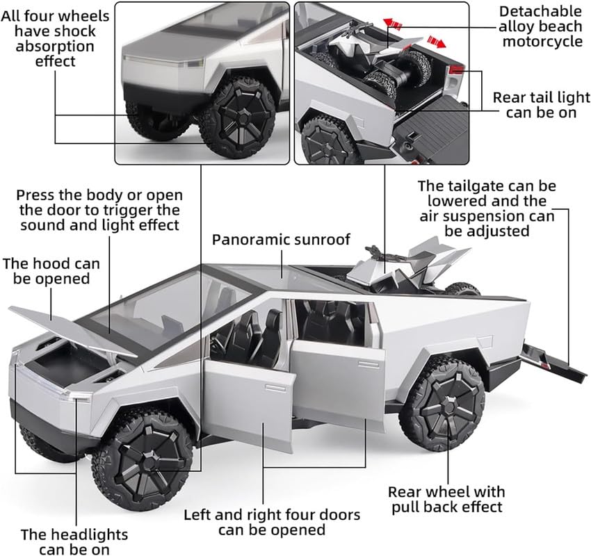 New Kids Cars 1:24 Big Tesla Cyber Truck Model Alloy Diecast Metal Alloy Car Openable Doors Pull Back Vehicle Toy with Sound and Light Car for Boys (Silver)