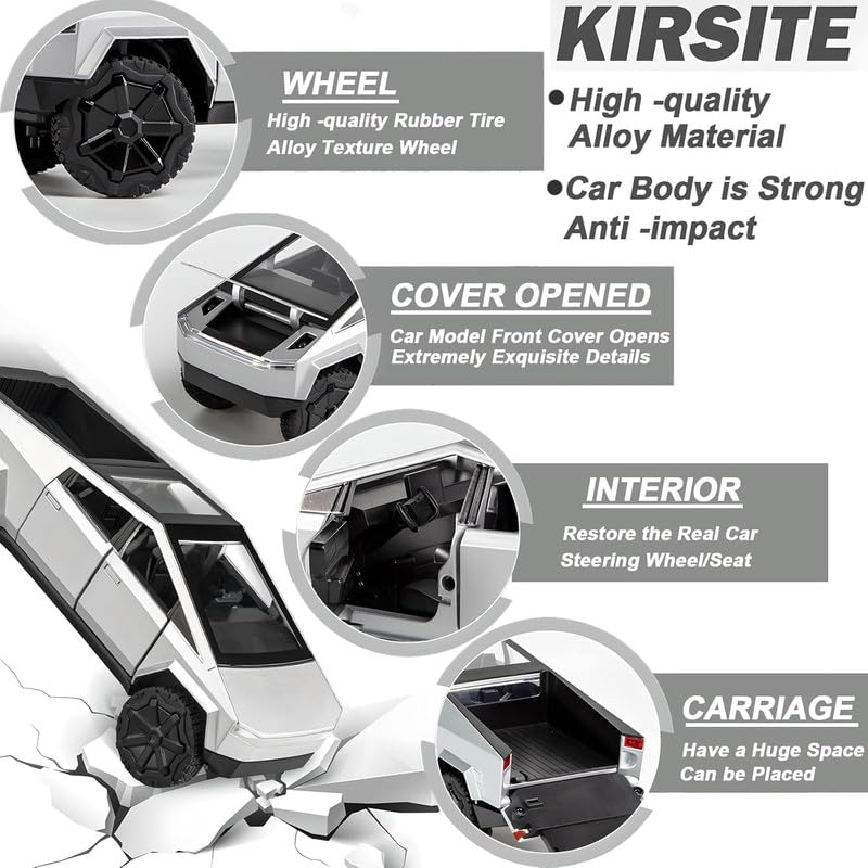 New Kids Cars 1:24 Big Tesla Cyber Truck Model Alloy Diecast Metal Alloy Car Openable Doors Pull Back Vehicle Toy with Sound and Light Car for Boys (Silver)