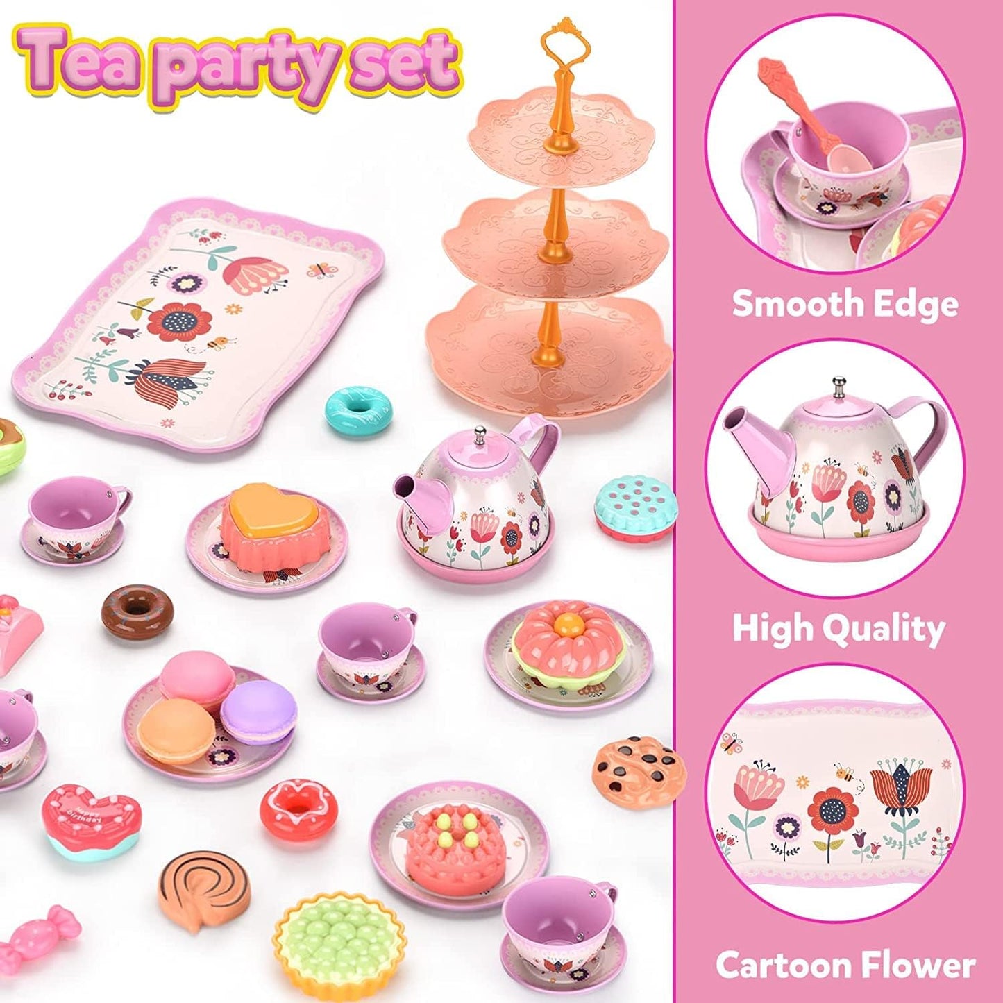 YelaJoy Flower Kids Tea Party Set,42 PCS,Kids Kitchen Pretend Toy with Tea Set, Desserts & Carrying Case,Princess Tea Time Kitchen Pretend Play Tea Set Toys (Flower)