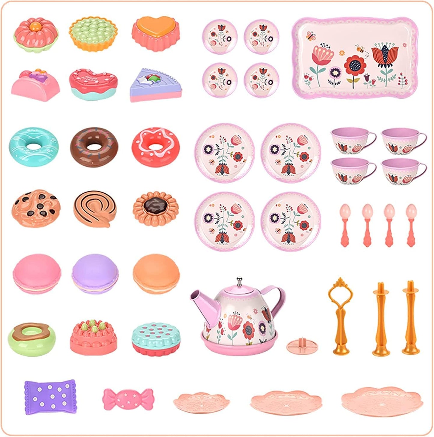 YelaJoy Flower Kids Tea Party Set,42 PCS,Kids Kitchen Pretend Toy with Tea Set, Desserts & Carrying Case,Princess Tea Time Kitchen Pretend Play Tea Set Toys (Flower)