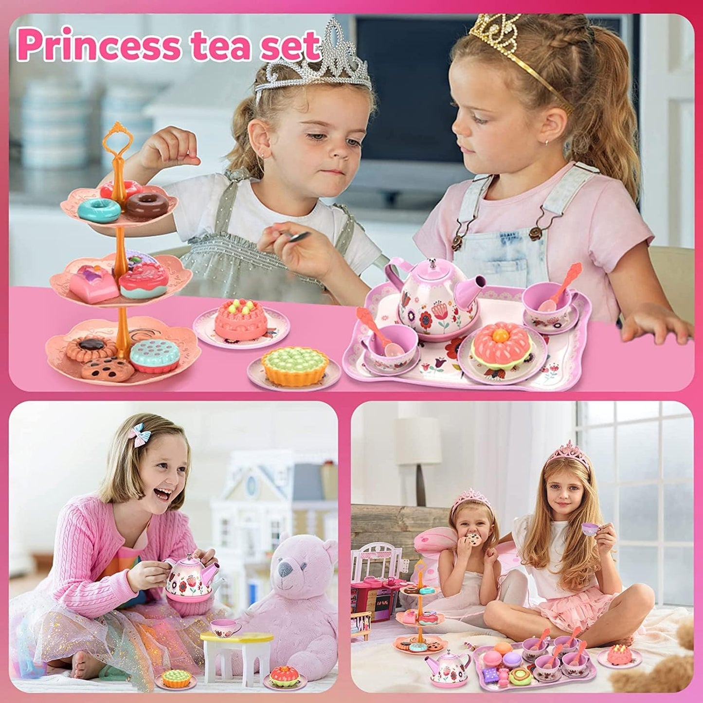 YelaJoy Flower Kids Tea Party Set,42 PCS,Kids Kitchen Pretend Toy with Tea Set, Desserts & Carrying Case,Princess Tea Time Kitchen Pretend Play Tea Set Toys (Flower)