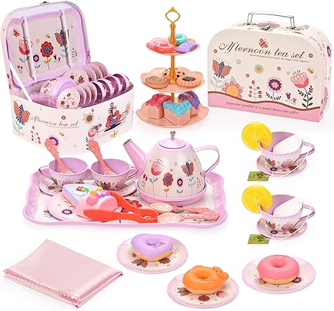 YelaJoy Flower Kids Tea Party Set,42 PCS,Kids Kitchen Pretend Toy with Tea Set, Desserts & Carrying Case,Princess Tea Time Kitchen Pretend Play Tea Set Toys (Flower)