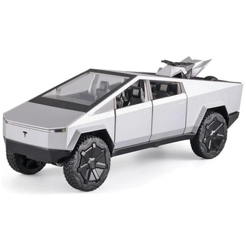 New Kids Cars 1:24 Big Tesla Cyber Truck Model Alloy Diecast Metal Alloy Car Openable Doors Pull Back Vehicle Toy with Sound and Light Car for Boys (Silver)