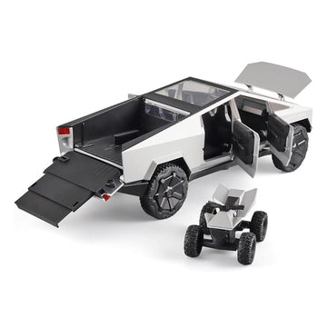 New Kids Cars 1:24 Big Tesla Cyber Truck Model Alloy Diecast Metal Alloy Car Openable Doors Pull Back Vehicle Toy with Sound and Light Car for Boys (Silver)
