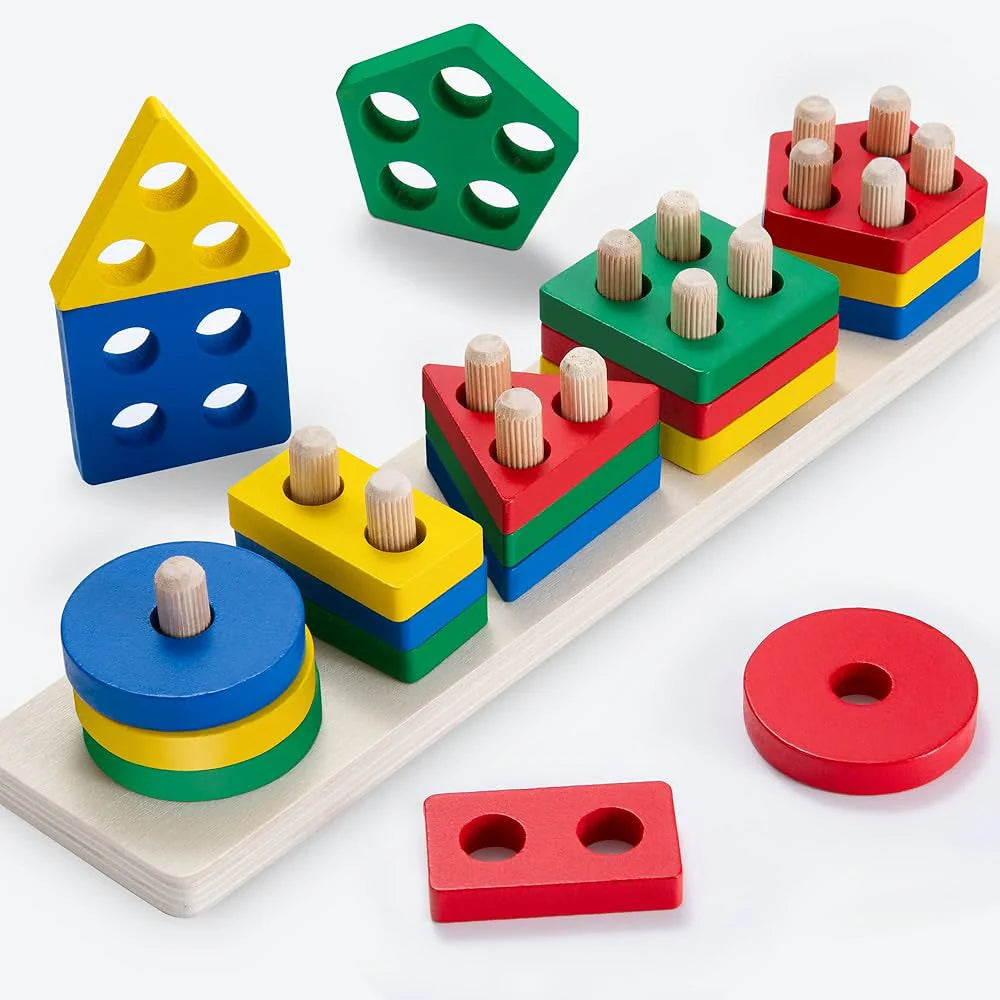 🟦 Wooden Colourful Geometric Five Set of Columns (With Box)