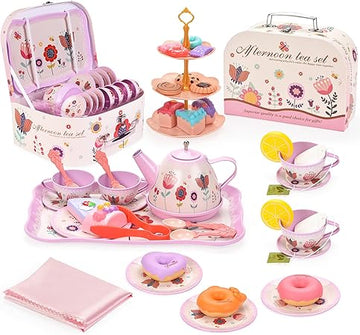 YelaJoy Flower Kids Tea Party Set,42 PCS,Kids Kitchen Pretend Toy with Tea Set, Desserts & Carrying Case,Princess Tea Time Kitchen Pretend Play Tea Set Toys (Flower)